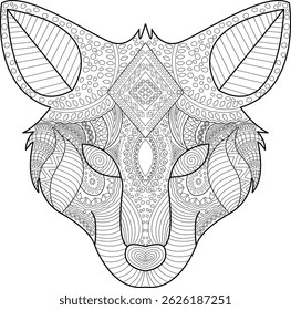 Ilustração de rosto de Fox de Zentangle intrincado, ilustração detalhada em preto e branco de um rosto de raposa adornado com intrincados padrões inspirados em zentangle e mandala. Ideal para livros de colorir adultos,