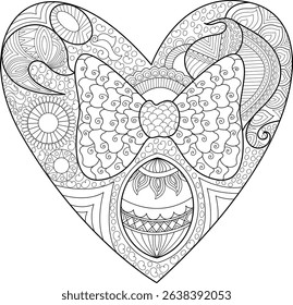 Intricate Zentangle Heart with Ornate Patterns and Bow, Black and white line art illustration of a heart filled with complex zentangle-inspired patterns, featuring a decorative bow in the center and