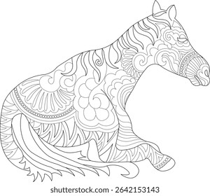Intricate Zentangle Horse Coloring Page, Black and white line art illustration of a horse in a sitting position, decorated with intricate Zentangle and mandala inspired patterns. Perfect for adult