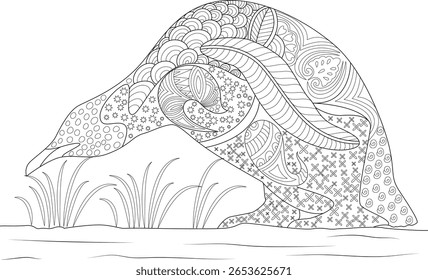Intricate Zentangle Inspired Line Art Illustration of a Stylized Penguin with Detailed Patterns. Perfect for Adult Coloring Books, Relaxation, and Creative Hobbies. Black and White Doodle Art.