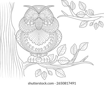 Intricada Coruja Inspirada Zentangle Empoleirada em um galho de árvore, ilustração detalhada de arte de linha preta e branca perfeita para livros de colorir adultos e relaxamento.