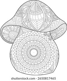Intricate Zentangle Mushroom Coloring Page for Adults - ilustração detalhada de fungos com padrões inspirados em mandala, arte de linha preta e branca para relaxamento e criatividade