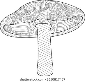 Intricate Zentangle Mushroom Line Art Illustration for Coloring Books, Adult Coloring Pages, and Creative Projects. Detailed Hand-Drawn Fungi with Abstract Patterns on White Background.