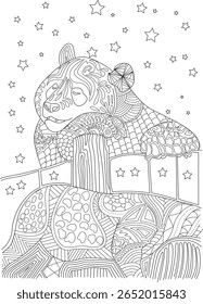 Intricate Zentangle Panda Bear Illustration with Whimsical Stars, Perfect for Mindfulness Coloring Pages, Adult Relaxation, and Creative Artistic Projects in Black and White Vector Art.
