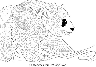 Página de colorir Zentangle Panda - ilustração detalhada da arte da linha preta e branca para o relaxamento, passatempos criativos e expressão artística consciente, perfeito para adultos e crianças.