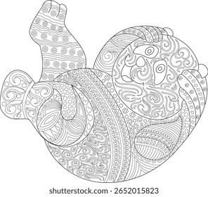 Ilustração de Zentangle Panda para livros de colorir adultos. Detalhada Arte em Linha Preta e Branca de um Panda Gigante Relaxado com Padrões Complexos, Ideal para Mindfulness e Alívio de Estresse.