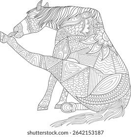 Intricate Zentangle Patterned Horse Line Art, Detailed black and white illustration of a stylized horse figure filled with intricate zentangle-inspired patterns, perfect for adult coloring books,