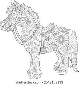 Intricate Zentangle Style Horse for Coloring, Detailed black and white line art illustration of a horse with complex patterns and designs in Zentangle or doodle style, perfect for adult and kids