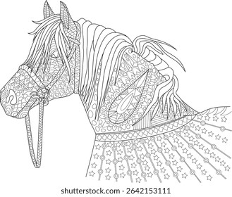 Intricate Zentangle Style Horse Head Line Art, Detailed line art illustration of a horse head with an intricate zentangle style pattern. Perfect for adult coloring books, relaxation therapy,