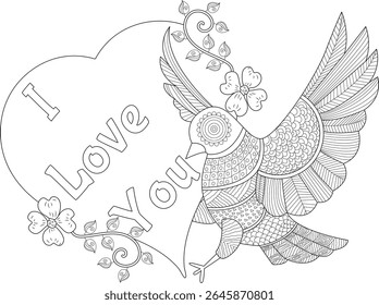 Ilustração de estilo de Zentangle intrincado: pássaro padronizado e um coração com mensagem I Love You para livros de colorir adultos, Dia dos Namorados, Romance, Arte Decorativa. Preto e Branco.