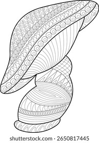 Ilustração de página de coloração do adulto do cogumelo do estilo do zentangle, desenho detalhado do contorno preto com corações, giros e padrões geométricos para alívio de estresse e relaxamento criativo