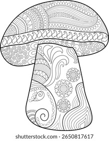 Intrincado estilo de Zentangle Cogumelo Arte para colorir ou design decorativo, Apresentando padrões detalhados e formas orgânicas, perfeito para relaxamento e projetos criativos.