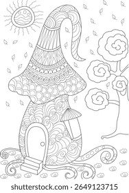 Intricate Zentangle Estilo Cogumelo Casa com Sol e Falling Folhas para colorir Página do Livro. Ilustração detalhada da arte da linha para adultos e crianças relaxamento e diversão criativa.