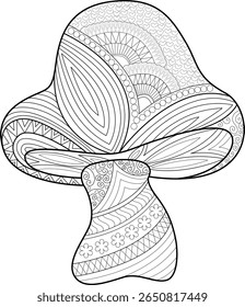 Ilustração de cogumelo estilo Zentangle intrincado. Detalhada Mandala-Inspirado Fungi Line Art para Adulto Colorir Livros, Relaxamento, Mindfulness, e Projetos Criativos