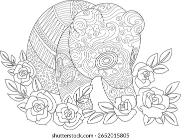 Ilustração de panda estilo Zentangle intrincado com sotaques de rosa floral, detalhada preto e branco linha de arte para livros de colorir adultos, relaxamento, arte terapia, e passatempos criativos.
