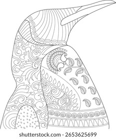 Ilustração de pinguim estilo Zentangle intrincado para livros de colorir adultos, apresentando padrões detalhados, mandalas e desenhos abstratos, perfeito para atenção plena e expressão criativa.