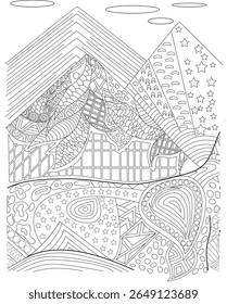 Intricate Zentangle-inspired Mountain Landscape Line Art for Coloring Books, Adult Stress Relief, and Creative Artistic Expression � A Detailed Hand-Drawn Abstract Nature Scene Artwork