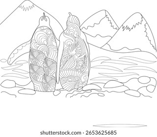 Intricate Zentangle-Inspired Penguins Amidst a Serene Arctic Landscape. Detailed Black and White Line Art Ready for Coloring. Ideal for Relaxing Artistic Hobbies and Creative Expression.
