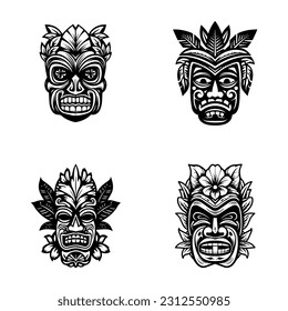 Intricately crafted hand drawn illustration of a wooden Tiki mask, capturing the essence of tribal rituals and ancient traditions
