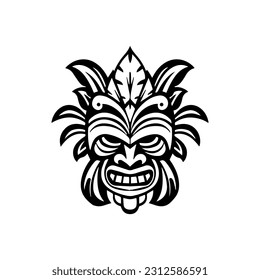 Intricately crafted hand drawn illustration of a wooden Tiki mask, capturing the essence of tribal rituals and ancient traditions