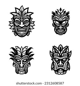 Intricately crafted hand drawn illustration of a wooden Tiki mask, capturing the essence of tribal rituals and ancient traditions