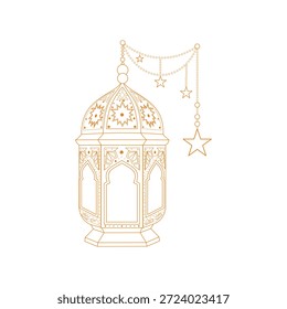 Lanterna de ouro com design intrincado com um topo cúpula e estrelas penduradas decorações, mostrando padrões detalhados e um toque de luxo, isolado no fundo branco