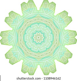 Intricately designed guilloche rosette with geometric lines on double layers of mossy green and light blue green lines.