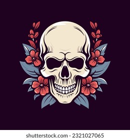 An intricately designed skull head with flower decoration vector clip art illustration, juxtaposing beauty and mortality, ideal for tattoo artists and edgy branding