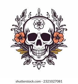 An intricately designed skull head with flower decoration vector clip art illustration, juxtaposing beauty and mortality, ideal for tattoo artists and edgy branding