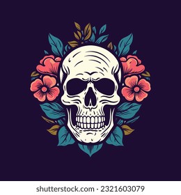 An intricately designed skull head with flower decoration vector clip art illustration, juxtaposing beauty and mortality, ideal for tattoo artists and edgy branding