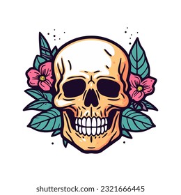 An intricately designed skull head with flower decoration vector clip art illustration, juxtaposing beauty and mortality, ideal for tattoo artists and edgy branding