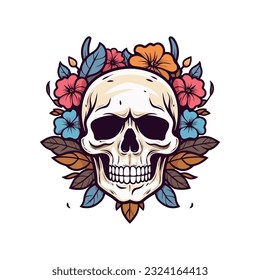 An intricately designed skull head with flower decoration vector clip art illustration, juxtaposing beauty and mortality, ideal for tattoo artists and edgy branding