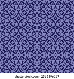 Intricately Designed Symmetrical Floral Pattern Japanese style with Interlocking Circular Motifs in Shades of Blue and Violet, Evoking a Classic and Elegant Aesthetic.