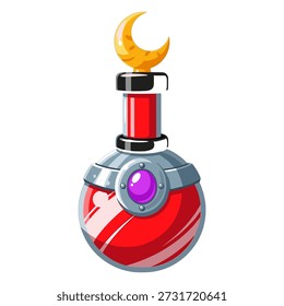 Intricately designed vector illustration of a mystical potion bottle with a glowing crescent moon on top, featuring vibrant red liquid and metallic accents.