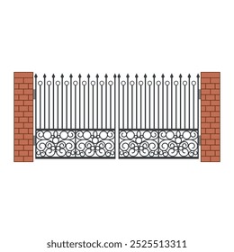 An intricately designed wrought iron gate framed by sturdy brick pillars adorns the entrance to a residential courtyard.