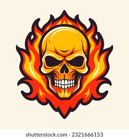 An intricately detailed flaming skull vector clip art illustration, featuring fiery elements and menacing eyes, ideal for tattoo designs and horror-themed projects