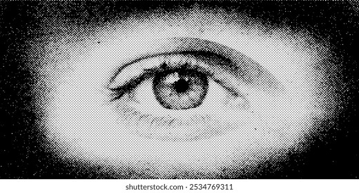 Ilustración de ojo estilizado de semitono intrincadamente detallado en blanco y negro de alto contraste con textura punteada, perfecto para moderno, minimalista