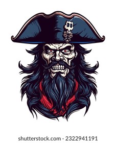 Ilustración de arte de un vector de cabeza zombi, pirata intrínsecamente detallada, que presenta carne en descomposición y atuendo pirata destrozado, ideal para proyectos con temática de horror y diseños de tatuajes