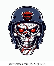 An intricately detailed skull zombie wearing a helmet vector clip art illustration, featuring decaying flesh and battle-worn gear, ideal for tattoo designs and gaming artwork