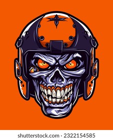 An intricately detailed skull zombie wearing a helmet vector clip art illustration, featuring decaying flesh and battle-worn gear, ideal for tattoo designs and gaming artwork
