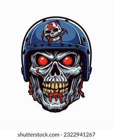 An intricately detailed skull zombie wearing a helmet vector clip art illustration, featuring decaying flesh and battle-worn gear, ideal for tattoo designs and gaming artwork