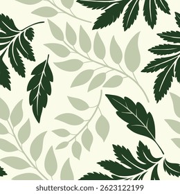 Intricately Detailed Varied Green Leaves Pattern on Cream Background
