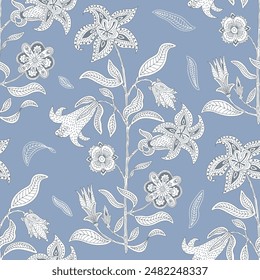 Intricately detailed white flowers and leaves seamless pattern on a muted blue background. Suitable for uses such as wallpaper, fabric, or other decorative applications.