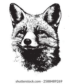 intricately drawn vector of a fox’s face with a confident expression, capturing its cunning nature; ideal for wildlife, rustic, and tattoo-inspired artwork