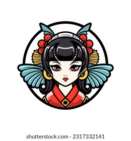 Intricately hand drawn Japanese geisha girl illustration, perfect for creating unique and visually stunning logo designs