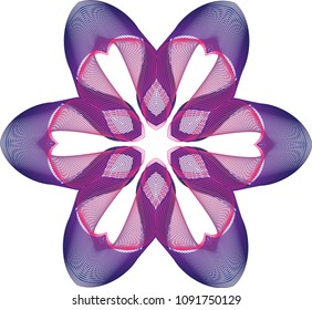 Intricately woven 6 point star guilloche rosette with deep purple and red violet color palette.