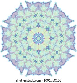 Intricately woven guilloche rosette with a soft color palette of purple, violet, teal and lime green.