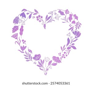 Intricating pink-to-purple floral wreath arranged in heart shape on transparent backdrop. Features botanical items like leaves, berries, and whimsical flowers. Nice as frame or vector design element.