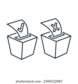 The intrigue of the election campaign.Ballot boxes with forms for, against.  Vector linear illustration icon isolated on white background