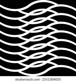 Design abstrato intrigante com linhas curvas brancas formando um padrão de onda interligado em um plano de fundo preto. Perfeito para projetos de arte moderna, fundos ou inspiração de design.